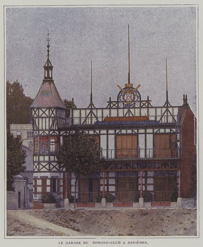 Klubbhus i Societe des Regates Parisiennes roddklubb, Asnieres, Paris, Frankrike (färgfoto) av French Photographer