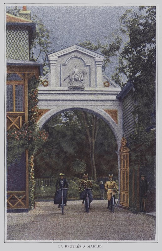 Cyklister som återvänder till Chateau de Madrid i Bois de Boulogne, Paris, efter en åktur (färgfoto) av French Photographer