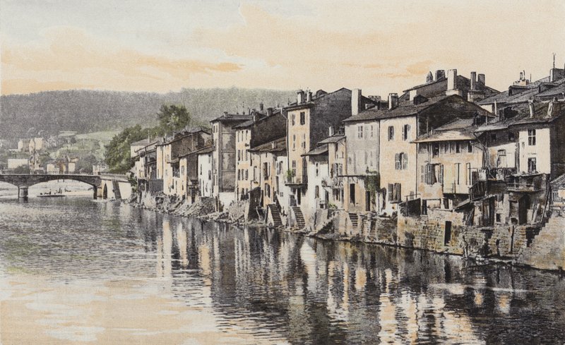 Epinal, Gamla hus på Quai Rualmenil, vid stranden av Mosel av French Photographer