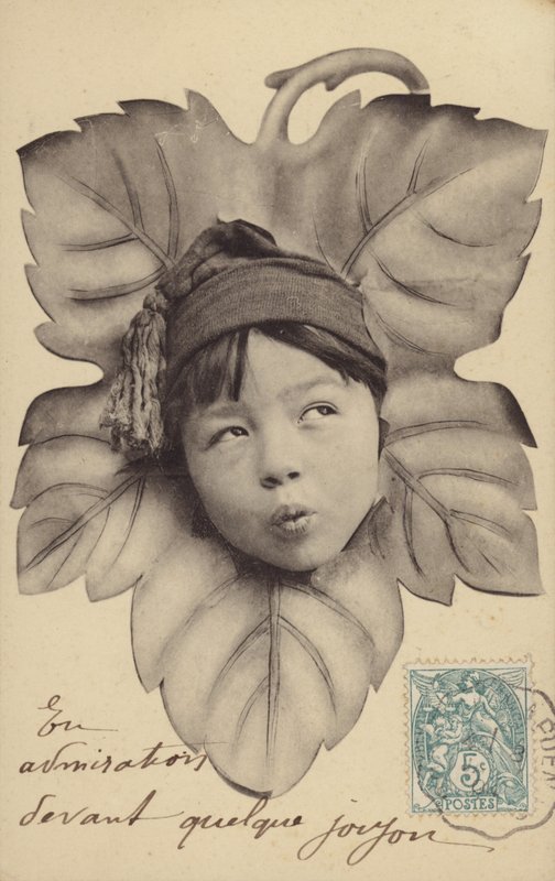 Ansikte av en liten pojke i mitten av ett löv (fotocollage) av French Photographer