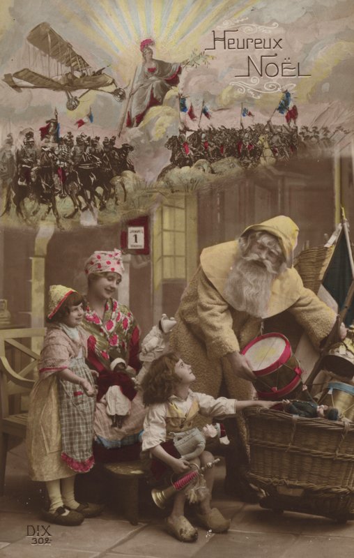 Jultomten ger presenter till barn, med första världskrigets strid i bakgrunden av French Photographer