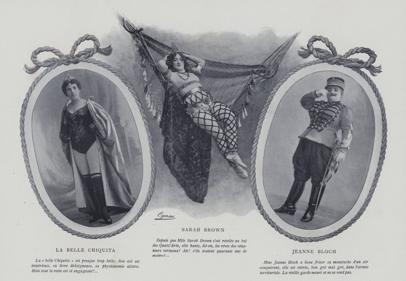 Franska skådespelerskor och sångerskor La Belle Chiquita, Sarah Brown och Jeanne Bloch (s/v foto) av French Photographer