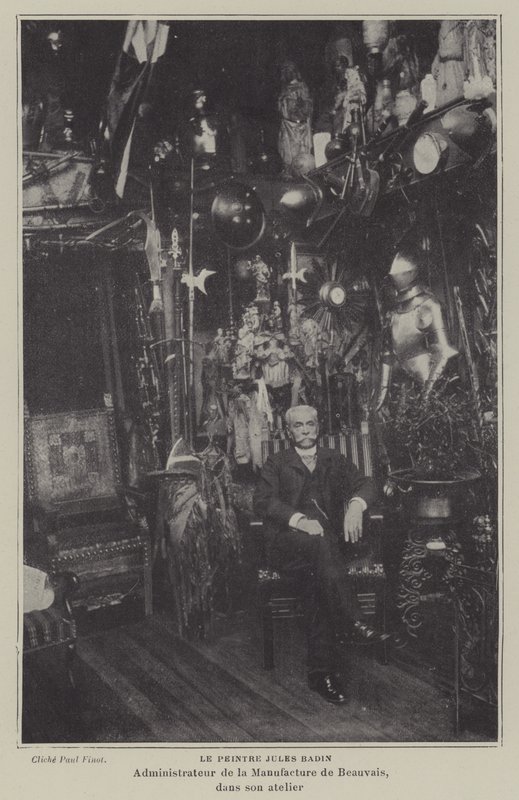 Franske målaren Jules Badin, chef för Beauvais Tapestry Manufacture, i sin verkstad (s/v foto) av French Photographer