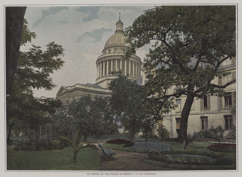 Trädgården för rektorn för Lycee Henri IV och kupolen på Pantheon, Paris (färg litho) av French Photographer