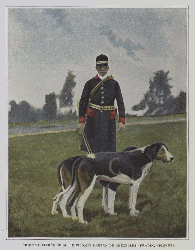 Hund och jägare i färgen av jakten på Vicomte Gaetan de Chezelles, Frankrike (färgfoto) av French Photographer
