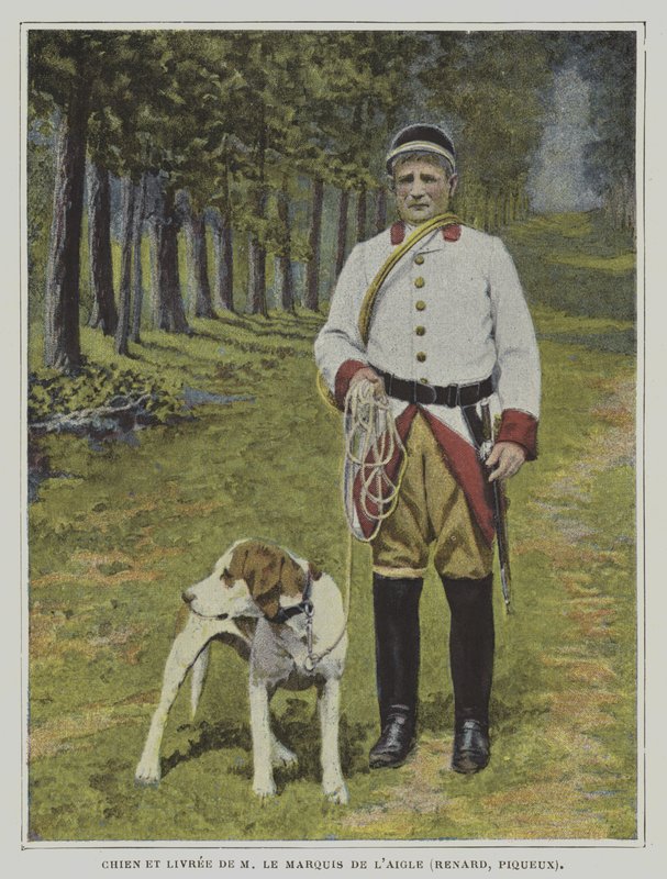 Hund och jägare i färgen av jakten på markisen de l