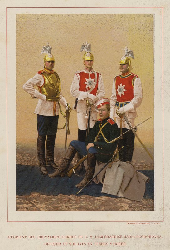 Den ryska armén: Regementet av riddargardister av HM Kejsarinnan Maria-Feodorovna, officer och soldater i olika uniformer (foto) av French Photographer