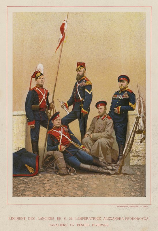 Den ryska armén: Regiment Of Lancers Of S M Kejsarinnan Alexandra-Feodorovna, kavaljerer i olika kläder (foto) av French Photographer