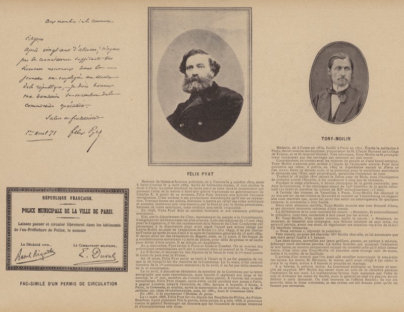 Pariskommunen, fax av ett cirkulationstillstånd, Felix Pyat, Tony-Moilin (s/v foto) av French Photographer