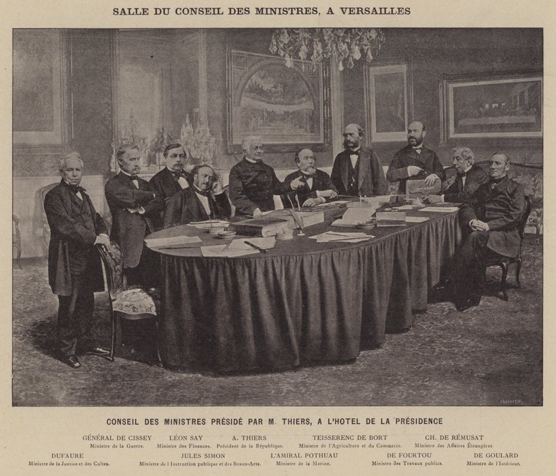 Paris kommun, ministerrådets sal, i Versailles, ministerrådet under ordförandeskap av M Thiers, på Hotel De La Presidence (s/v foto) av French Photographer