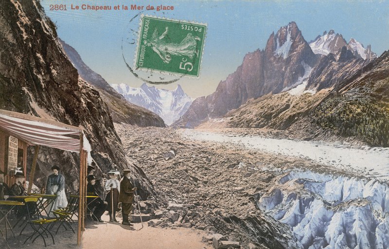 Le Chapeau och Mer de Glace i Alperna. Vykort skickat 1913. av French Photographer