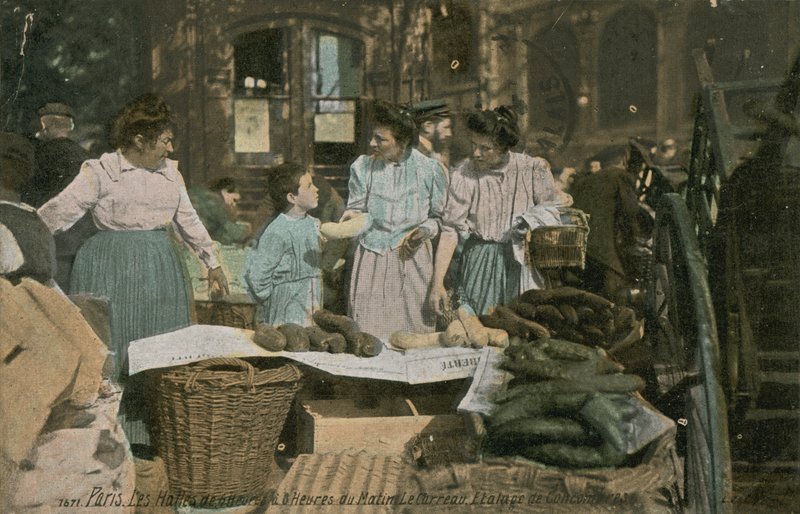 Marknadsstånd på Les Halles i Paris, Frankrike. Vykort skickat 1913. av French Photographer