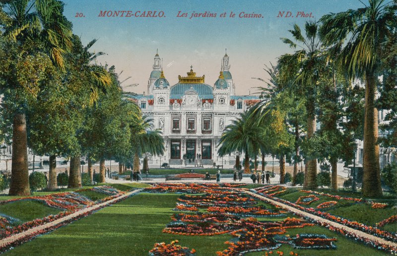 Monte Carlo. Trädgårdarna och kasinot. Vykort skickat 1913. av French Photographer