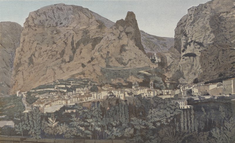 Moustiers-Sainte-Marie, allmän utsikt och kapellet Notre-Dame de Beauvoir av French Photographer