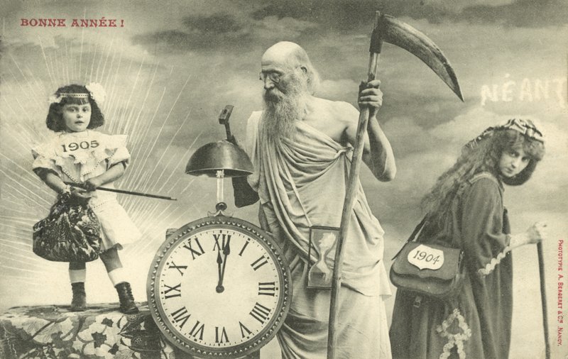 Nyårskort med Father Time (s/v foto) av French Photographer