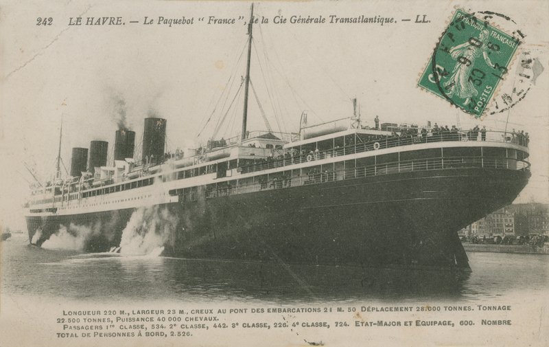 Oceanliner Frankrike, Le Havre. Vykort skickat 1913. av French Photographer