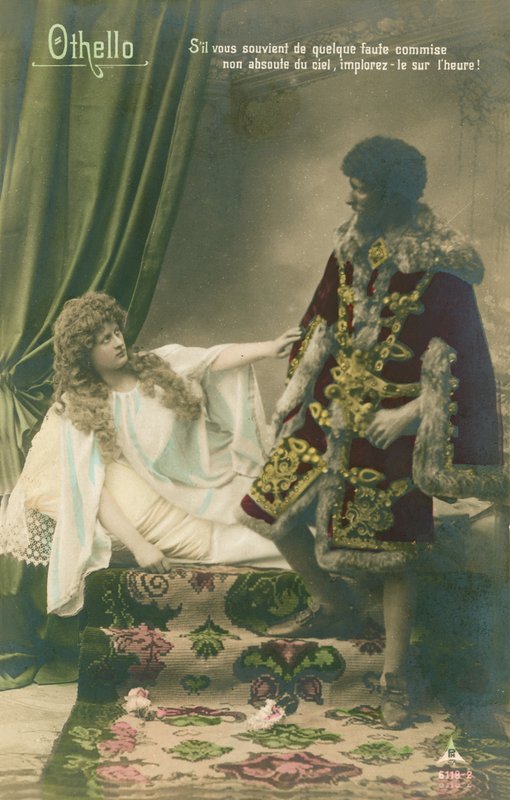 Othello med Desdemona. Scen från William Shakespeares tragiska pjäs skriven cirka 1603. Vykort skickat 1913. av French Photographer