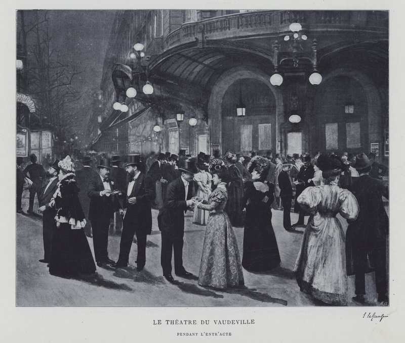 Utanför Theatre du Vaudeville, Paris, under intervallet (s/v foto) av French Photographer