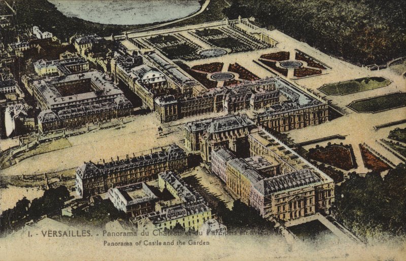Panoramautsikt över slottet och trädgårdarna i Versailles (färgfoto) av French Photographer