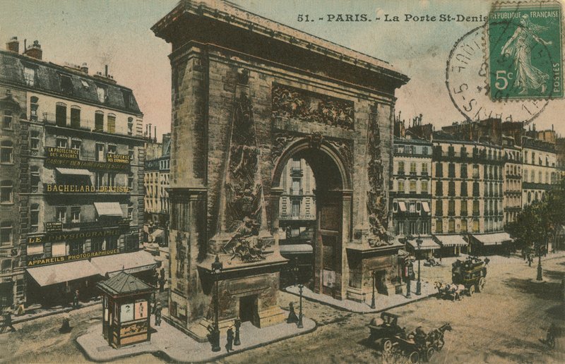 Porte Saint-Denis i Paris, Frankrike. Vykort skickat 1913. av French Photographer