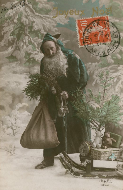 Vykort med jultomten, skickat den 24 december 1913 (handfärgat fotografi) av French Photographer