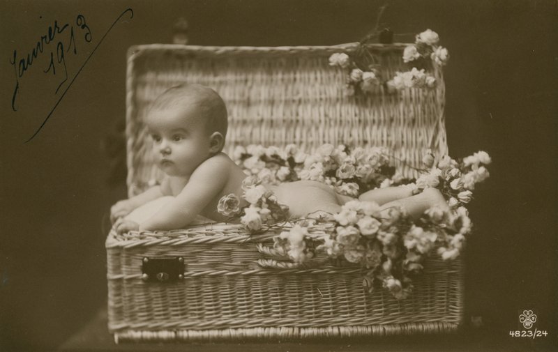 Vykort av en baby i en flätad korg med blommor, skickat i januari 1913 av French Photographer