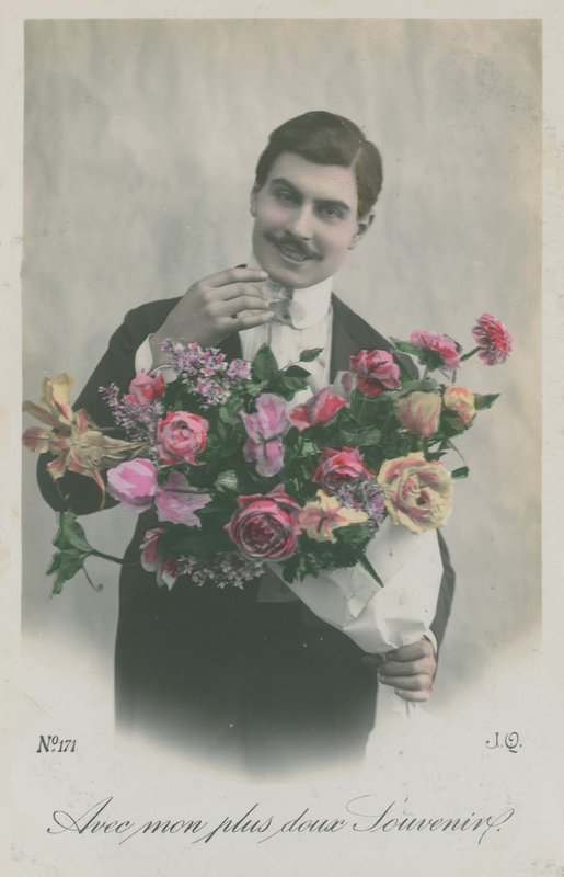 Vykort av en man som håller i en bukett blommor, skickat 1913 (handfärgat foto) av French Photographer