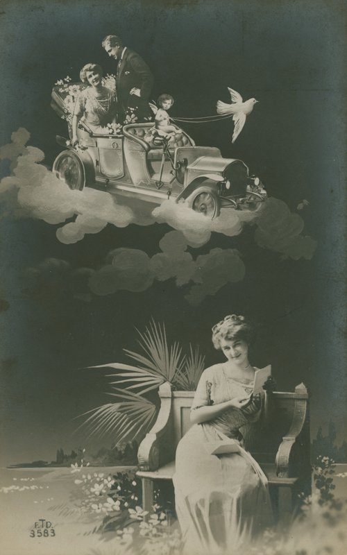 Vykort av en ung kvinna som läser ett brev och dagdrömmer om äktenskap, skickat 1913 av French Photographer