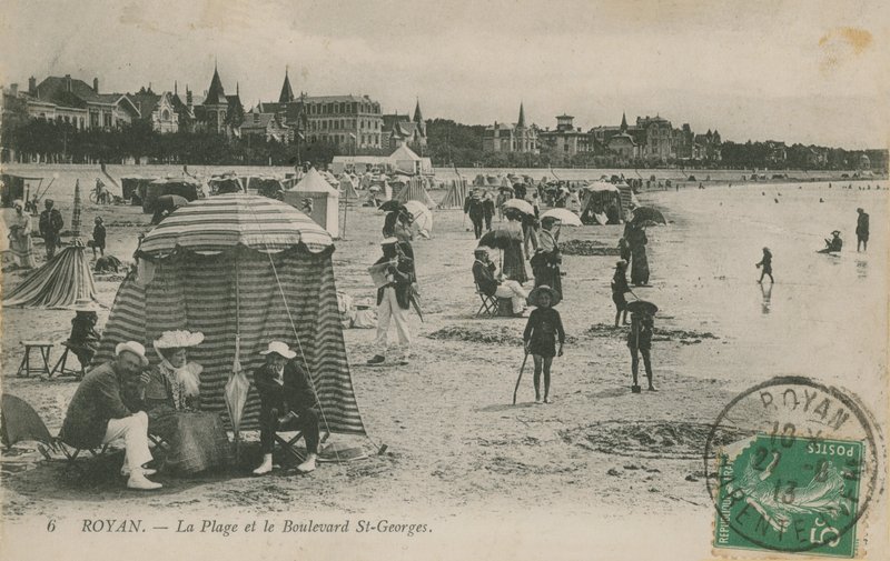 Vykort över stranden och Boulevard St Georges, Royan, Frankrike skickat 1913 av French Photographer