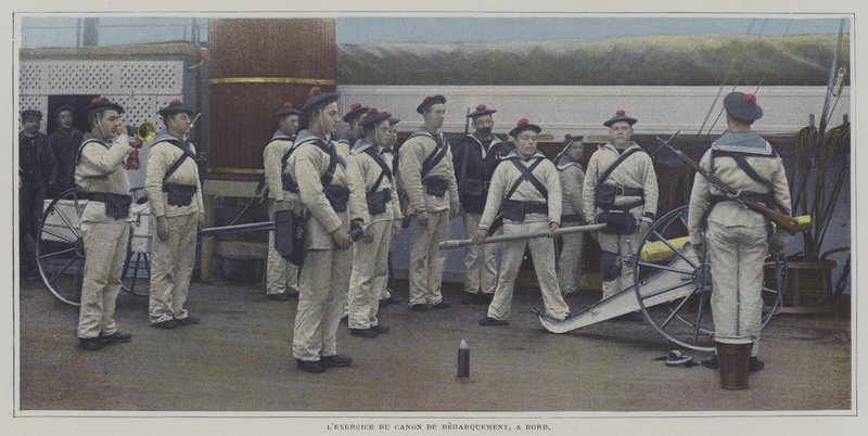 Sjömän som genomför en övning med en landningspistol ombord på ett fartyg (färgfoto) av French Photographer