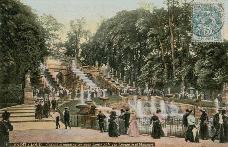 Saint-Cloud - vattenfall byggda under Ludvig XIV av Lepautre och Mansart. Vattenfall byggda för att hedra Ludvig XIV av Antoine Le Pautre och Jules Hardouin Mansart. Vykort skickat 1913. av French Photographer