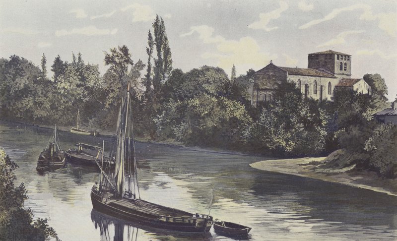 Saint-Denis-de-Piles, kyrkan, tillsammans på stranden av Isle av French Photographer