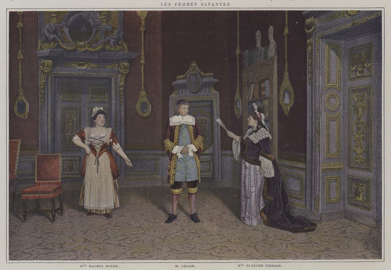 Scen från en produktion av Les Femmes Savantes, av Moliere (färgfoto) av French Photographer