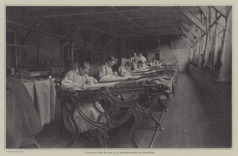 Studentverkstad på Beauvais Tapestry Manufacture, Frankrike (s/v foto) av French Photographer