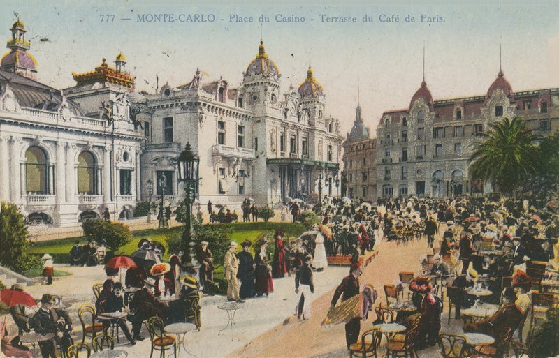 Terrass på Cafe de Paris, Place du Casino, Monte Carlo. Vykort skickat 1913. av French Photographer