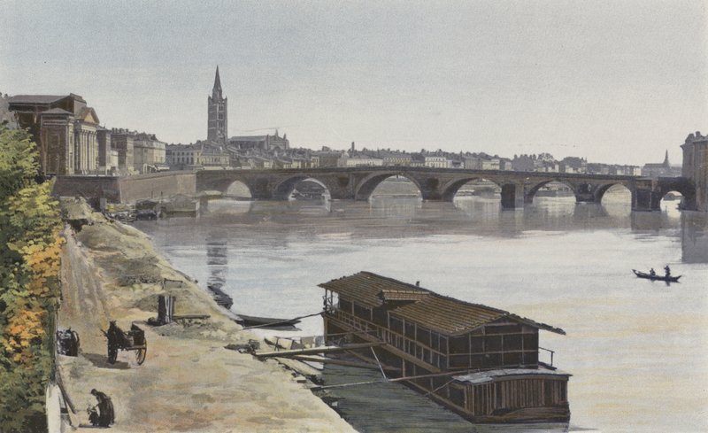 Toulouse, Pont-Neuf och Eglise N D, från Dalbade, utsikt nedströms, tagen på stranden av Garonne av French Photographer