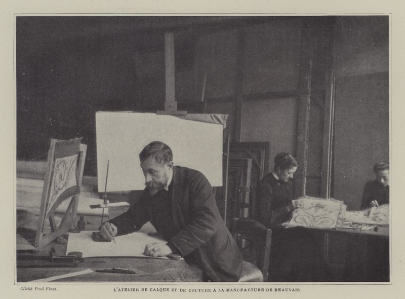 Spårnings- och syverkstad vid Beauvais Tapestry Manufacture, Frankrike (s/v foto) av French Photographer