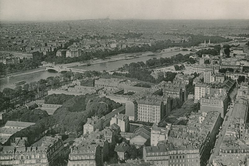 Utsikt över Champs-Elysees och Sacre-Coeur från Eiffeltornet, Utsikt över Champs-Elysees och Sacre-Coeur från Eiffeltornet (fotogravyr) av French Photographer