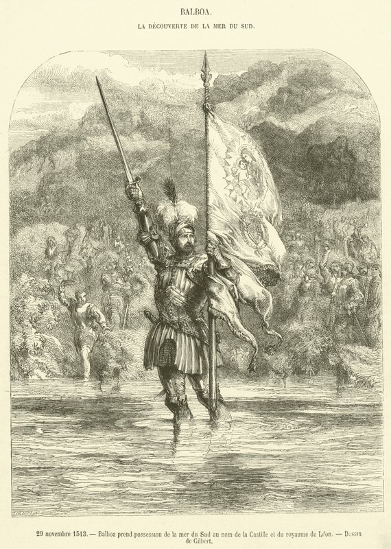 29 november 1513 tar Balboa Sydsjön i besittning i namnet Kastilien och kungariket Leon (gravyr) av French School