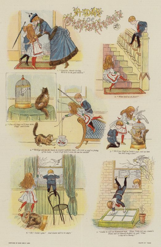 En dag av olyckor (färglitografi) av French School