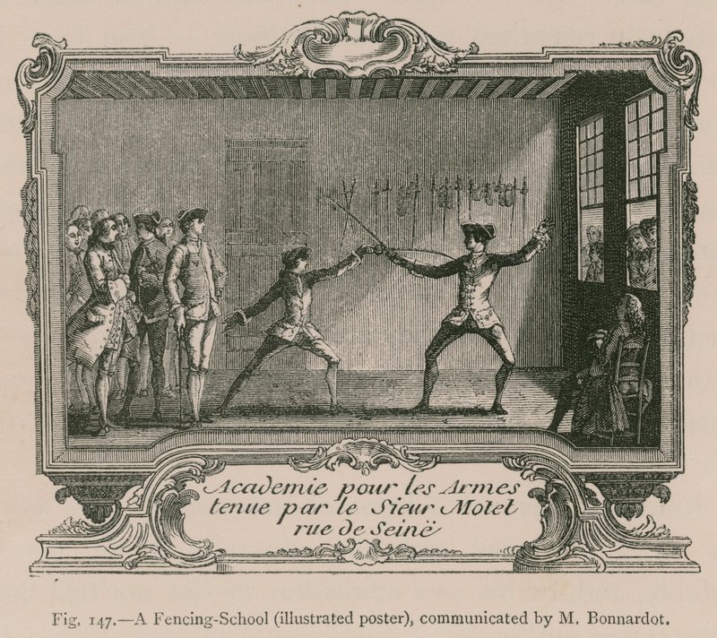 En fäktskola (illustrerad affisch), meddelad av M. Bonnardot av French School