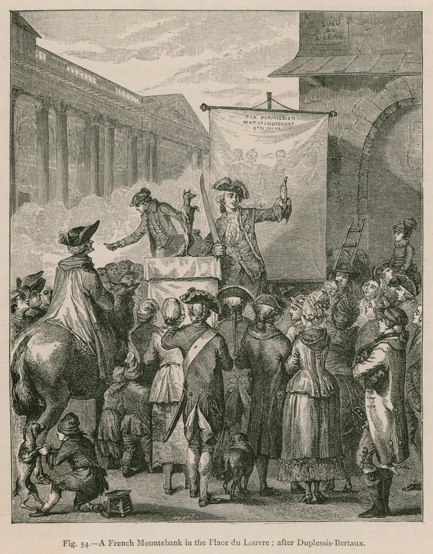 En fransk Mountebank i Place du Louvren; efter Duplessis-Bertaux av French School