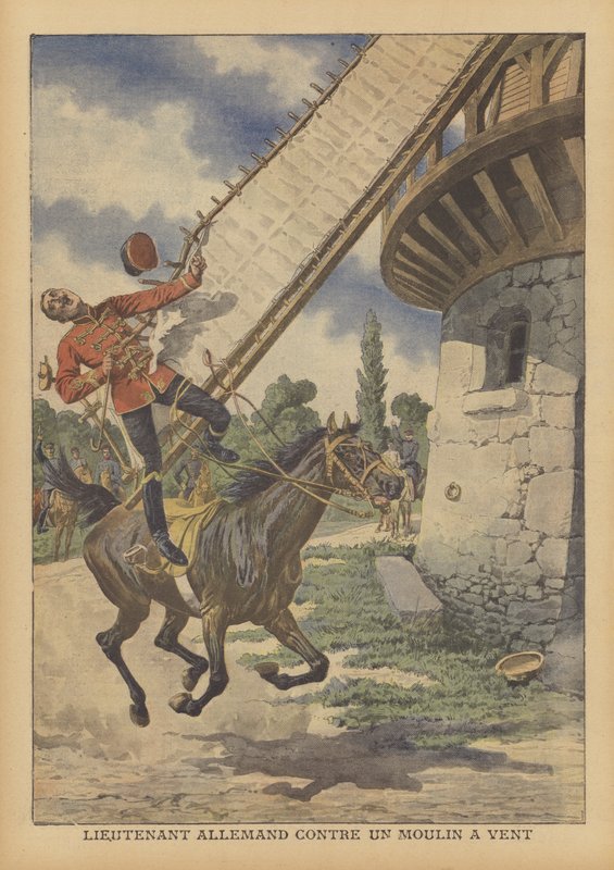 En tysk kavalleri-löjtnant dödades efter att han lyfts av sin häst med segel från en väderkvarn (färg litho) av French School