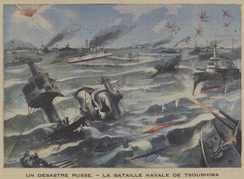 En rysk katastrof: nederlag i slaget vid Tsushima, rysk-japanska kriget (färg litho) av French School