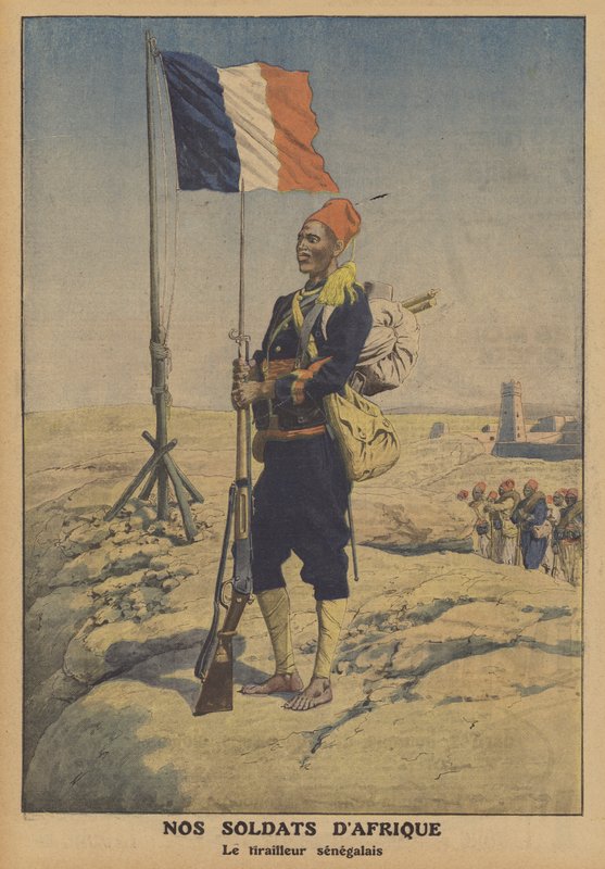En senegalesisk tirailleur i Frankrike, Afrika (färg litho) av French School