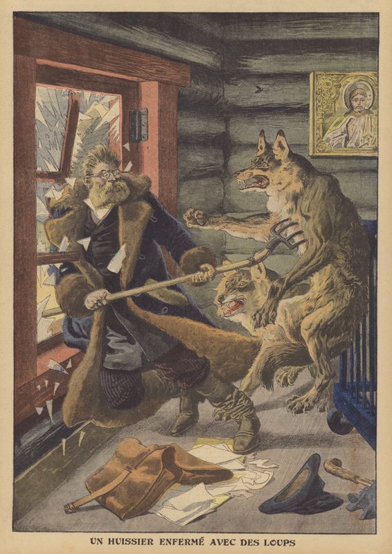 En kronofogde inlåst med vargar i Ryssland (färg litho) av French School