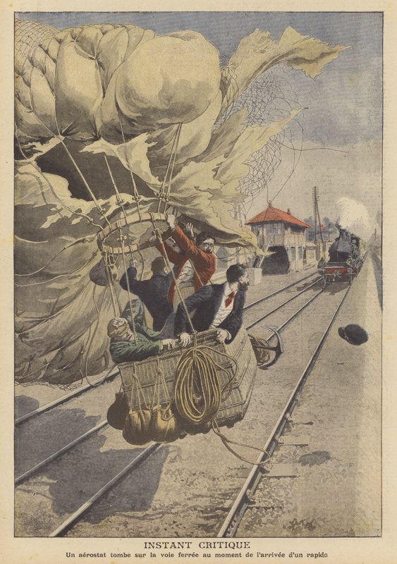 En ballong som landar på en järnvägslinje i vägen för ett annalkande snabbtåg (färg litho) av French School
