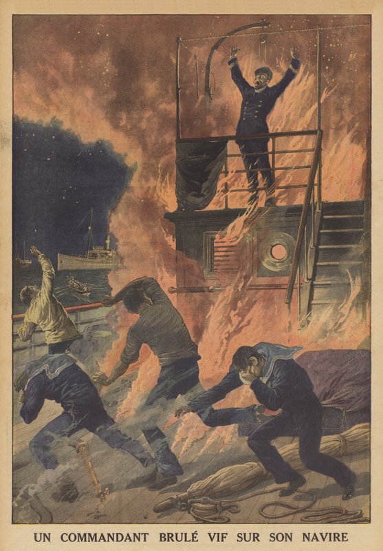 En kapten brändes levande på sitt skepp (färg litho) av French School