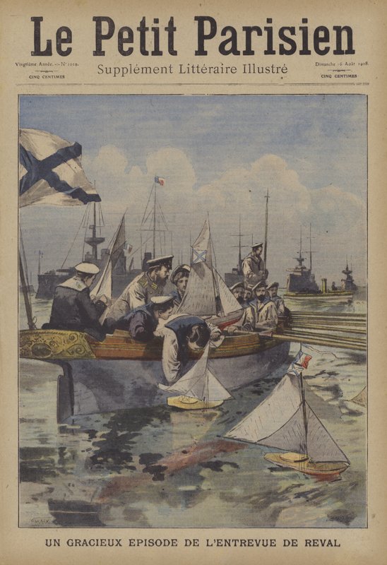 En charmig episod under den franske presidentens möte med tsar Nicholas II på Revel (färg litho) av French School