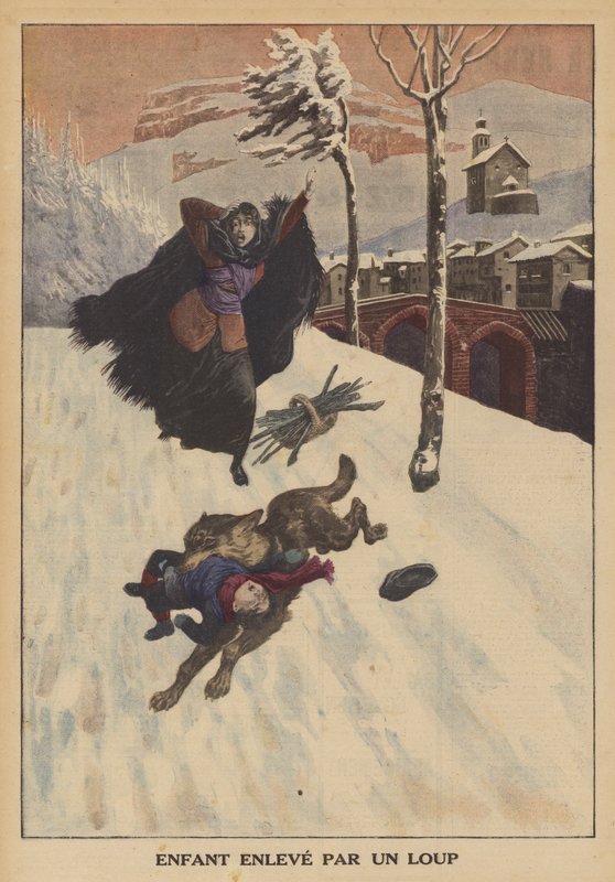 Ett barn buret av en varg (färg litho) av French School